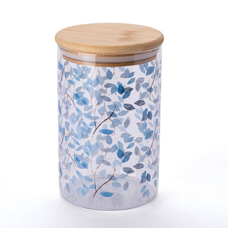 Skleněná dóza s bambusovým víkem MODRÉ KVĚTY