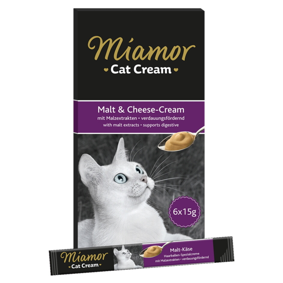 MIAMOR Malt&Cheese krémová sýrová svačinka pro kočky 6x15 g, poškozený obal