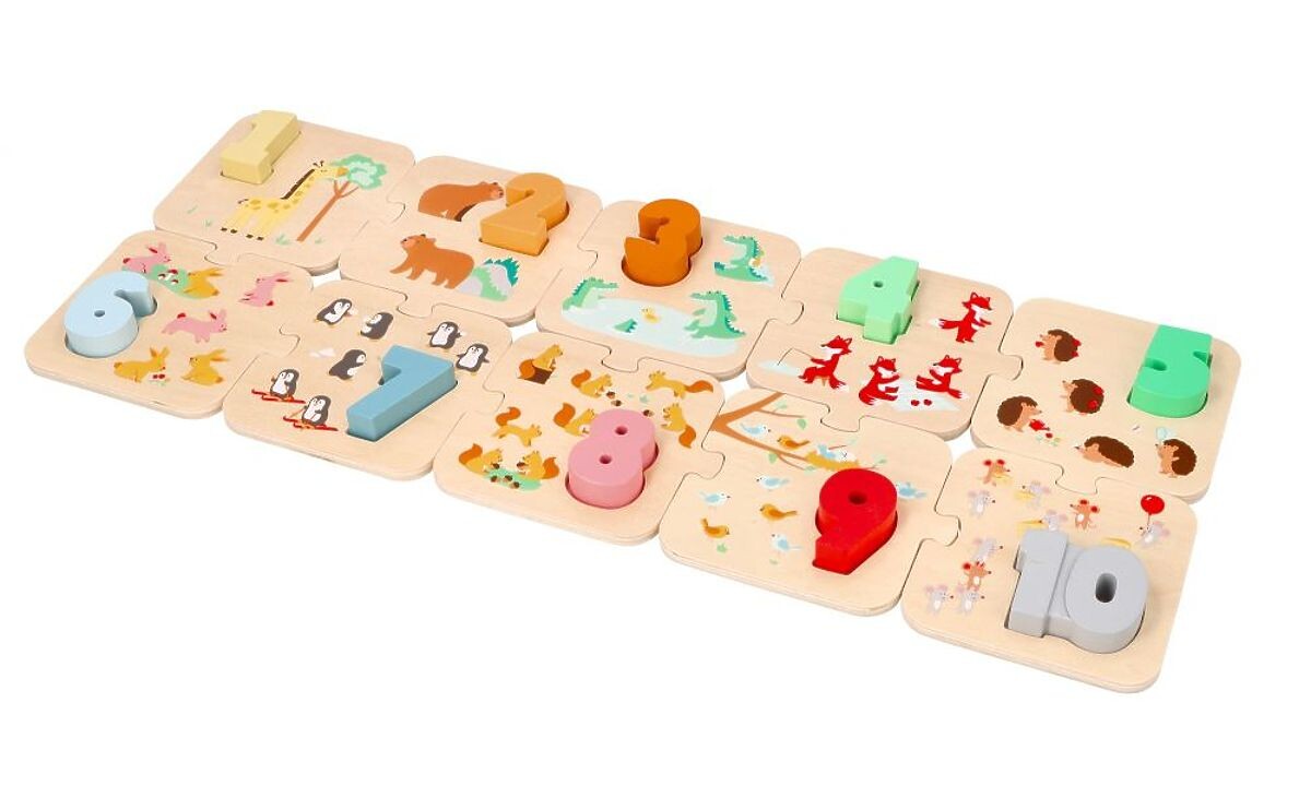 Dřevěné puzzle se zvířátky - učení čísel Montessori