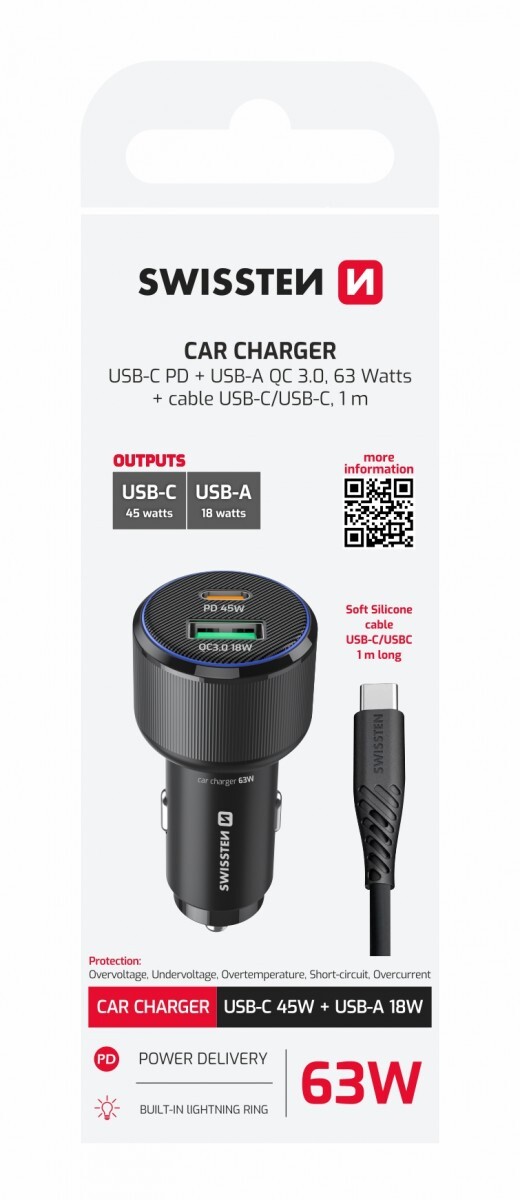 Rychlonabíječka do auta Swissten USB-A, USB-C PD 63W + datový kabel USB-C 1 m černá
