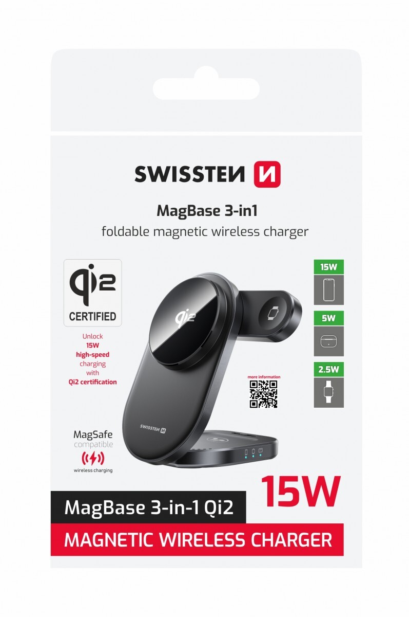 Skládací bezdrátová nabíječka Swissten QI2 Magbase 3v1 černá (kompatibilní s magsafe)