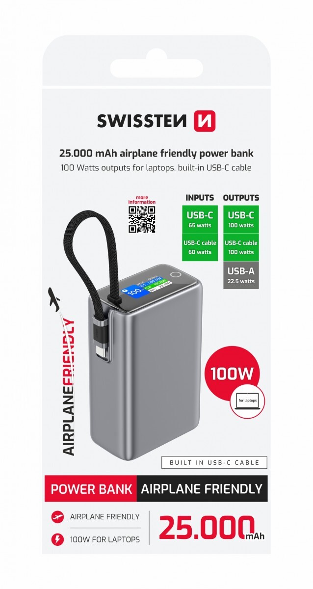 Powerbank Swissten cestovní 25000 mAh (96.25wh) 100W s integrovaným kabelem USB-C šedá