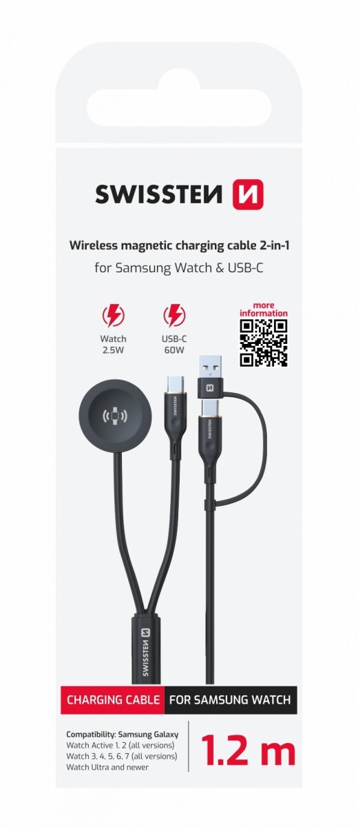 Magnetický kabel Swissten 2v1 pro Samsung Galaxy Watch a usb-c, usb-c (usb-a) 1.2 m černý