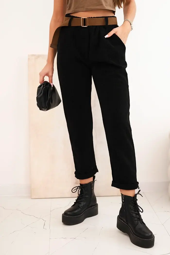 Kesi Włoski Dámské kalhoty s páskem v pruhovaném černé