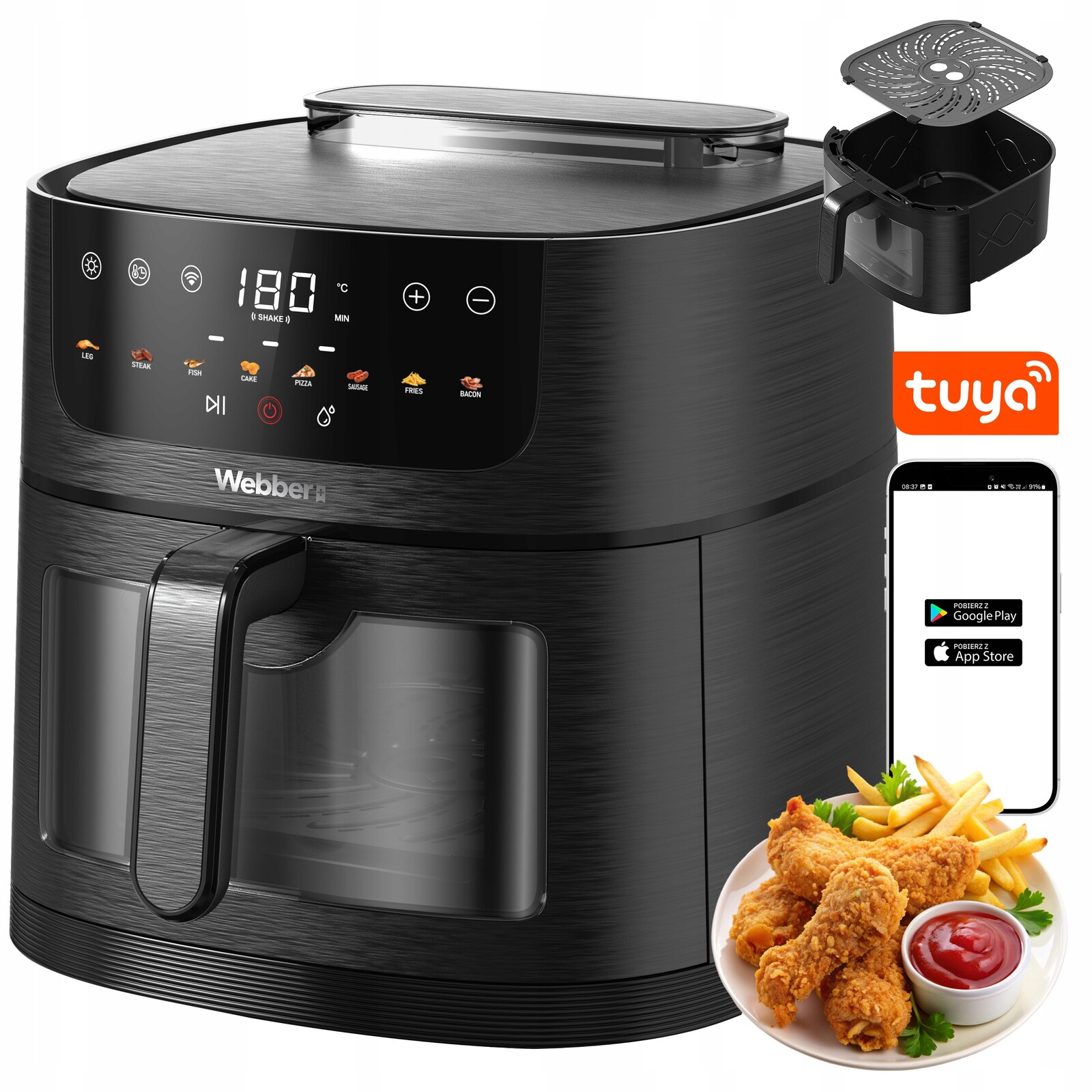 Beztuková fritéza 8L Air Fryer Webber 1800W Wifi 8 programů Para