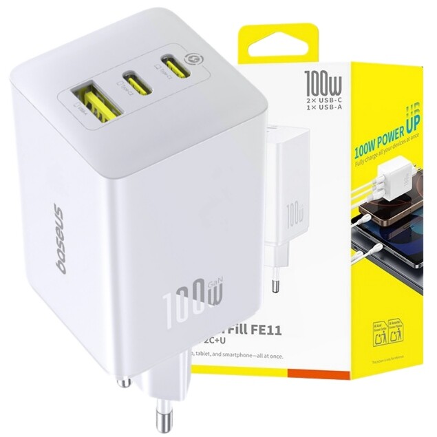 Baseus Rychlá Síťová Nabíječka 100W Gan 3 Porty Usb-c Usb-a Qc Bezpečná