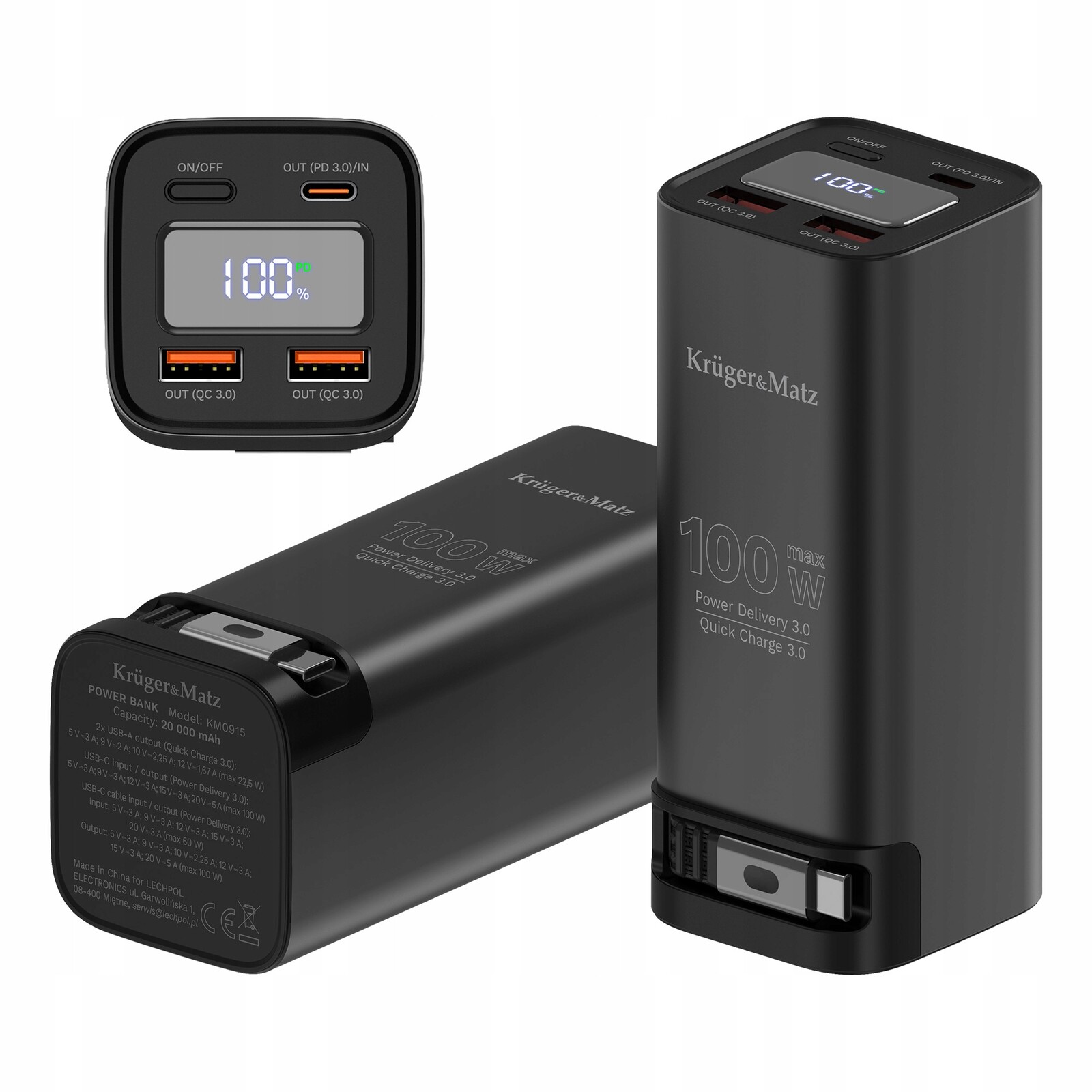 PowerBank Kruger&Matz 20000 mAh Li-pol 100 W s funkcí Qc a Pd