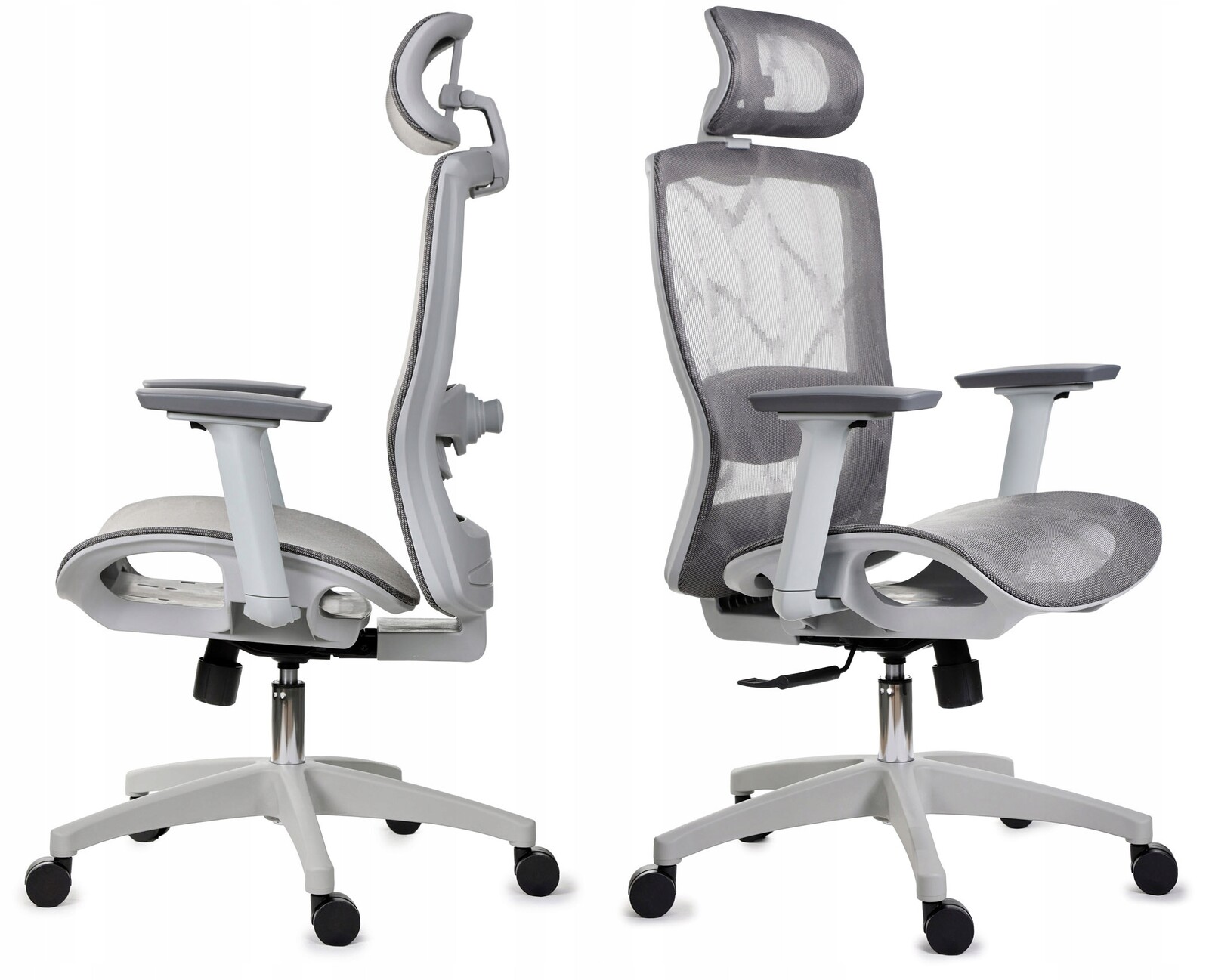 Ergonomická šedá kancelářská židle FXC011 s nastavitelnými područkami a opěrkou hlavy