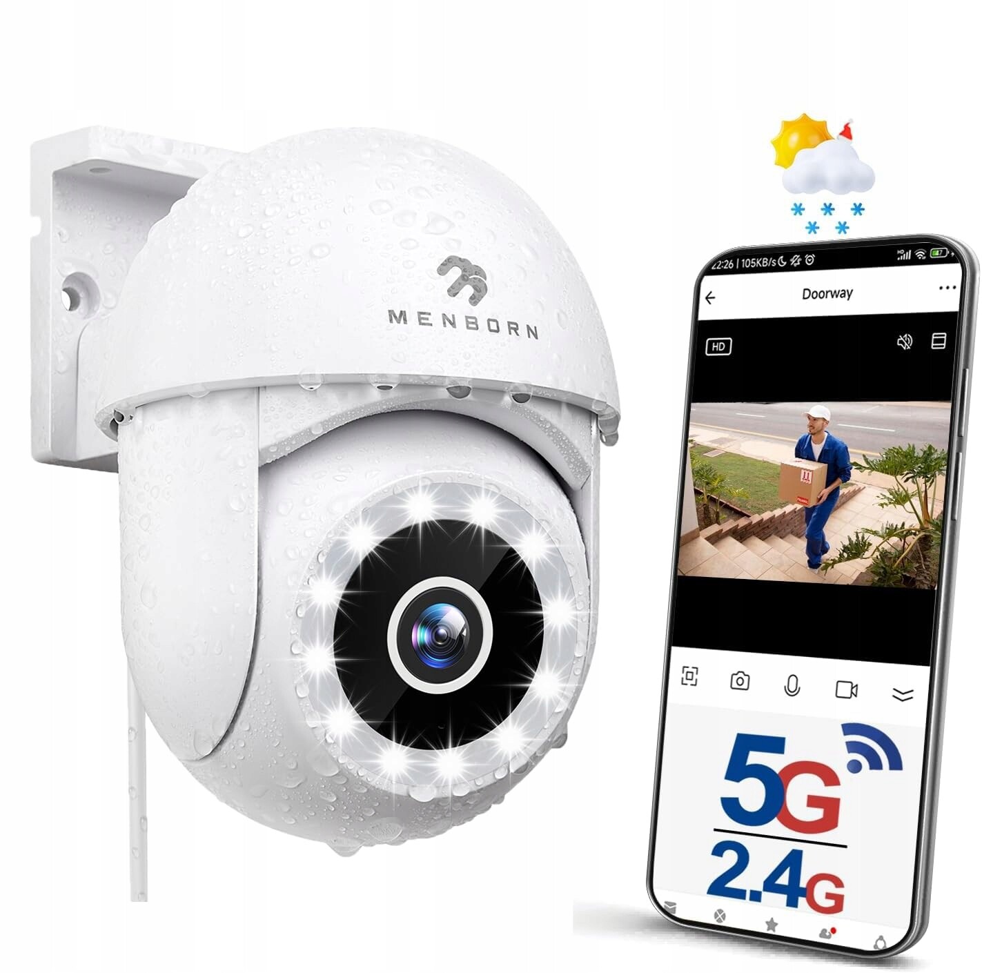 Menborn Venkovní kamera 2,5K 360° WiFi 2,4/5GHz Plnobarevná v noci Alexa