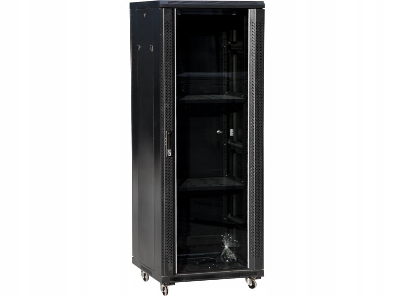 Skříň 32U 600x800, přední dveře skleněné, zadní kryt celokovový, zámek