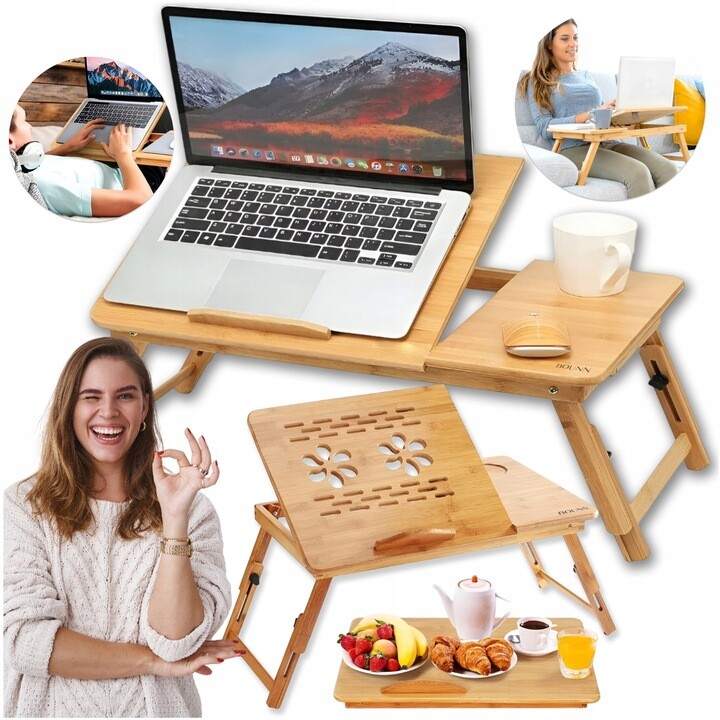 Skládací stolek pod notebook, snídaňový dřevěný podnos na nožkách do postele