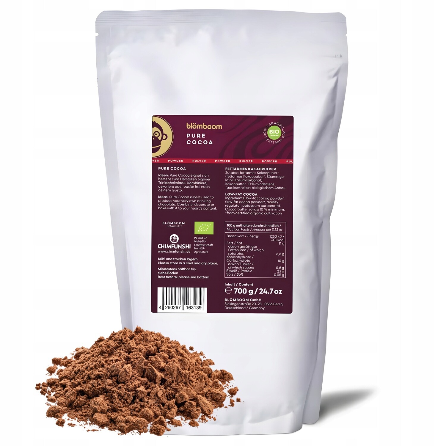 Organické kakao Blömboom Pure Cocoa 700 g – čisté bio kakao v prášku