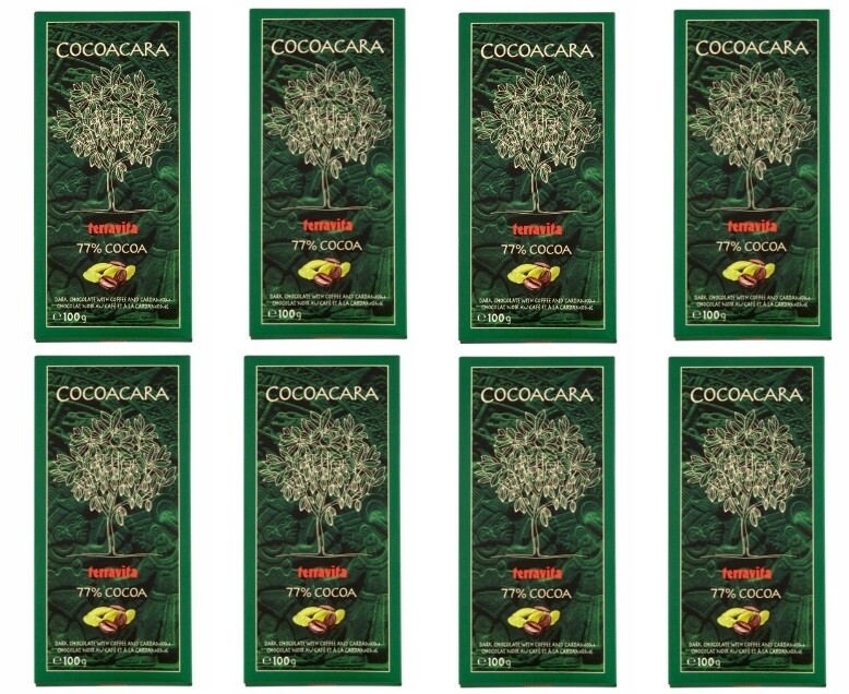 8 x 100 g Terravita Cocoacara 77% kakao hořká čokoláda s kardamomem Karton