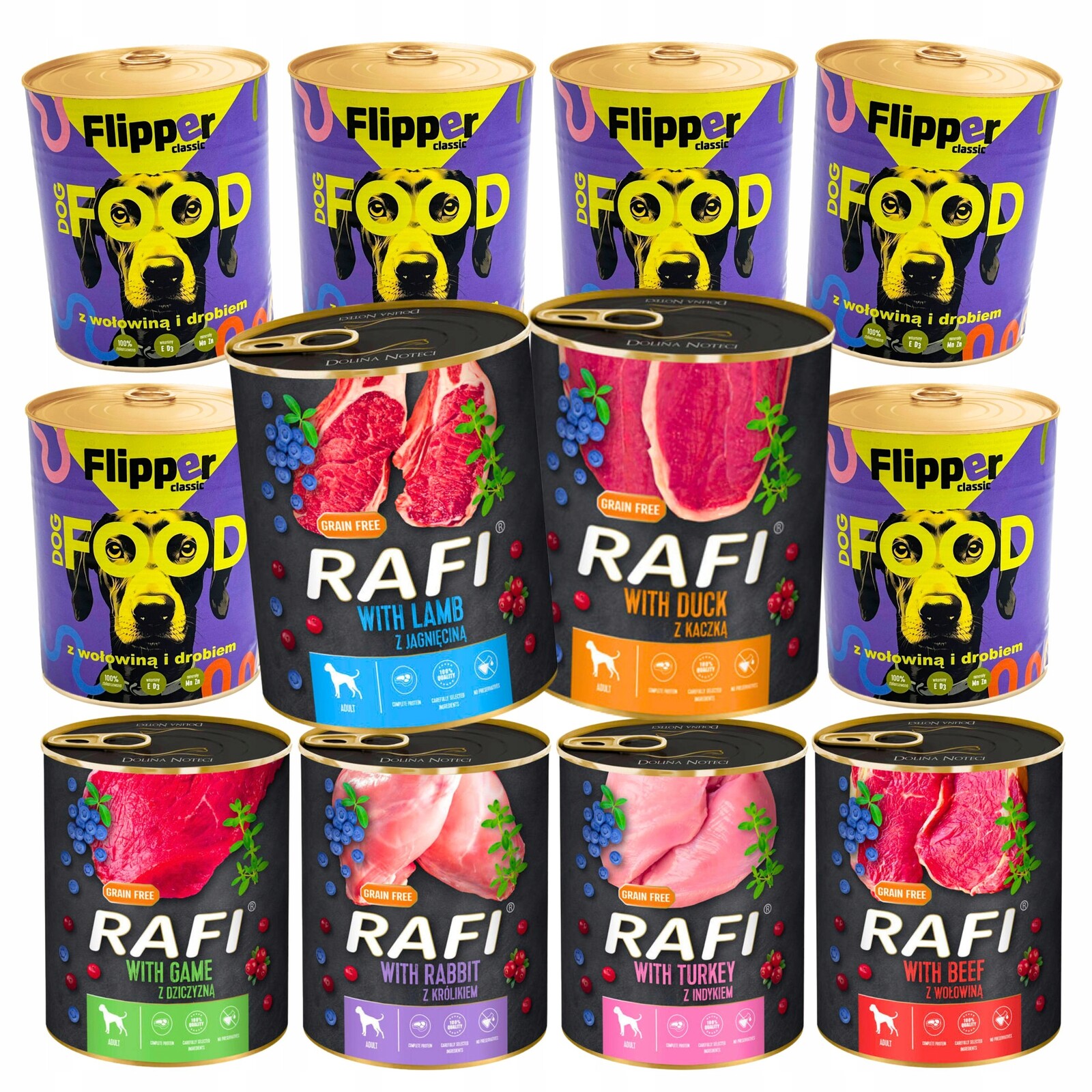 Rafi Bez Obilovin Flipper vlhké krmivo Dolina Noteci MIX Pro Psa 12x800G