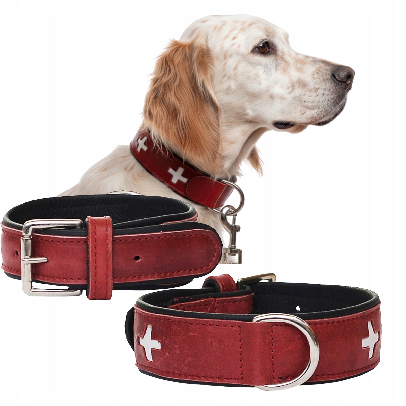 Kožený obojek pro psa červený Elegantní z přírodní kůže 64,5 cm L