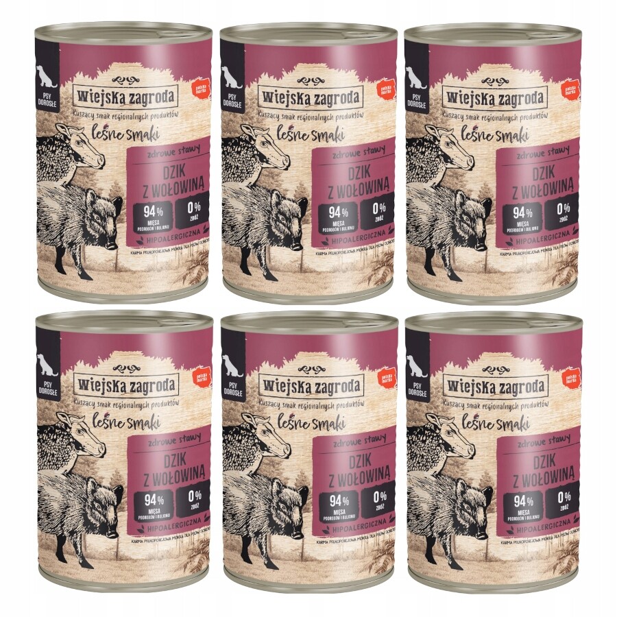 Krmivo pro psy Wiejska Zagroda Divočák s hovězím masem konzerva 6x400g