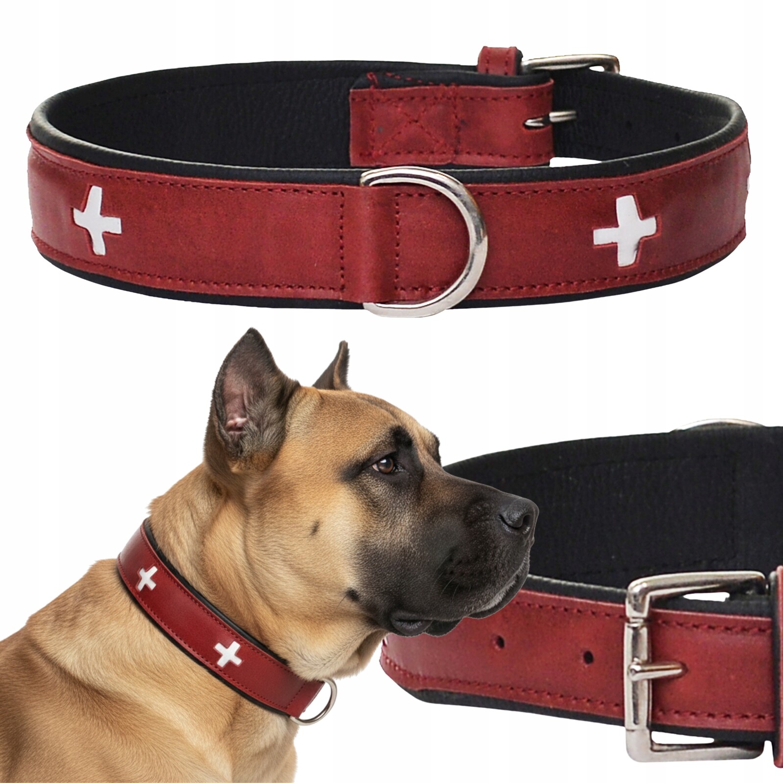 Kožený obojek pro psa červený, elegantní z přírodní kůže, velikost 75 cm, velikost XL