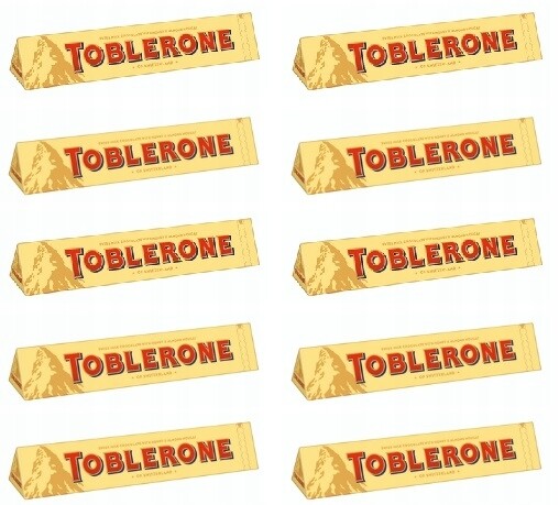 10x 100g mléčná čokoláda Toblerone se švýcarským nugátem, půlka kartonu