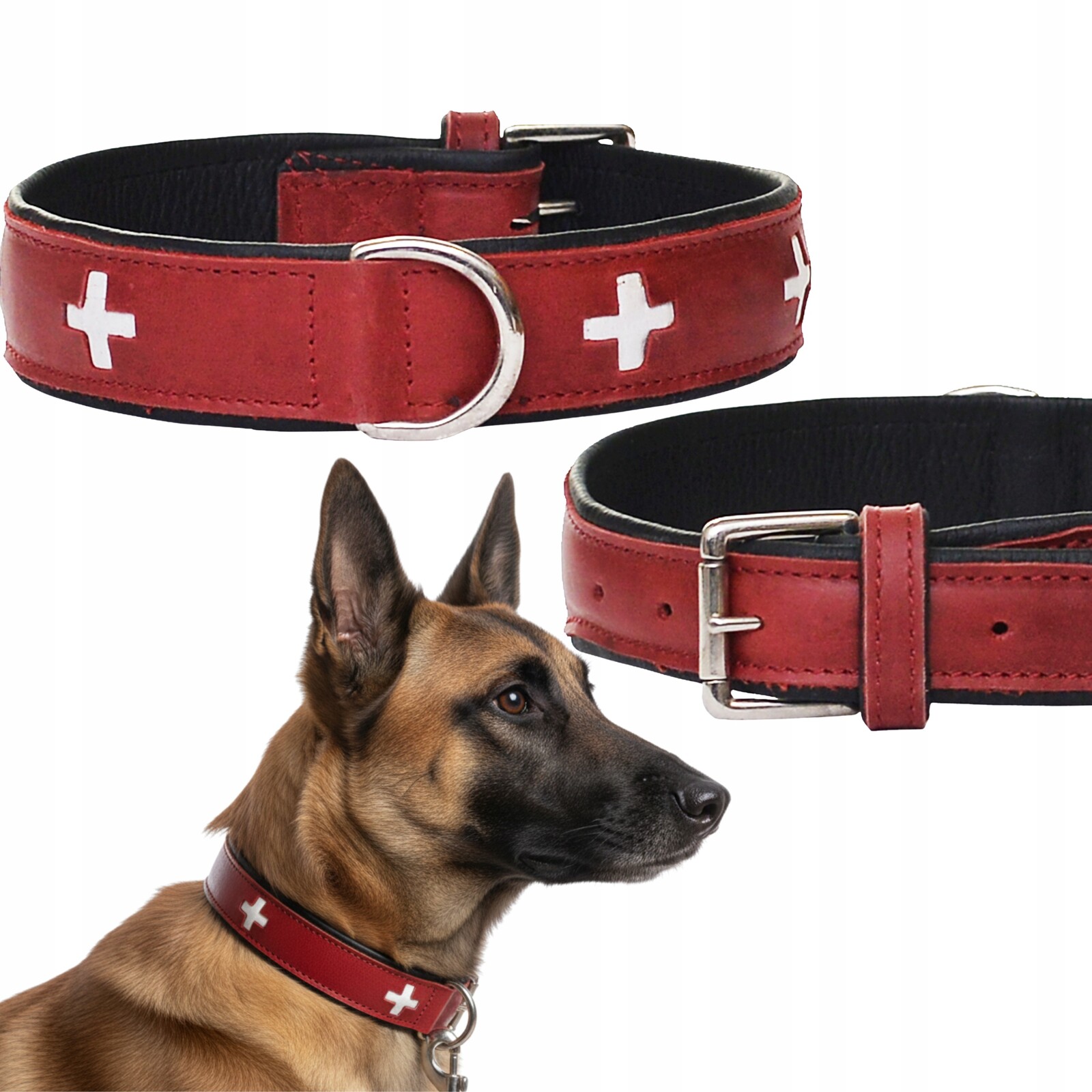 Kožený obojek pro psa červený, elegantní z přírodní kůže 51,5 cm, velikost M