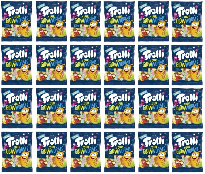 24 x 100 g Trolli Sour Glowworms Broučci Želé Bonbony kyselé Karton