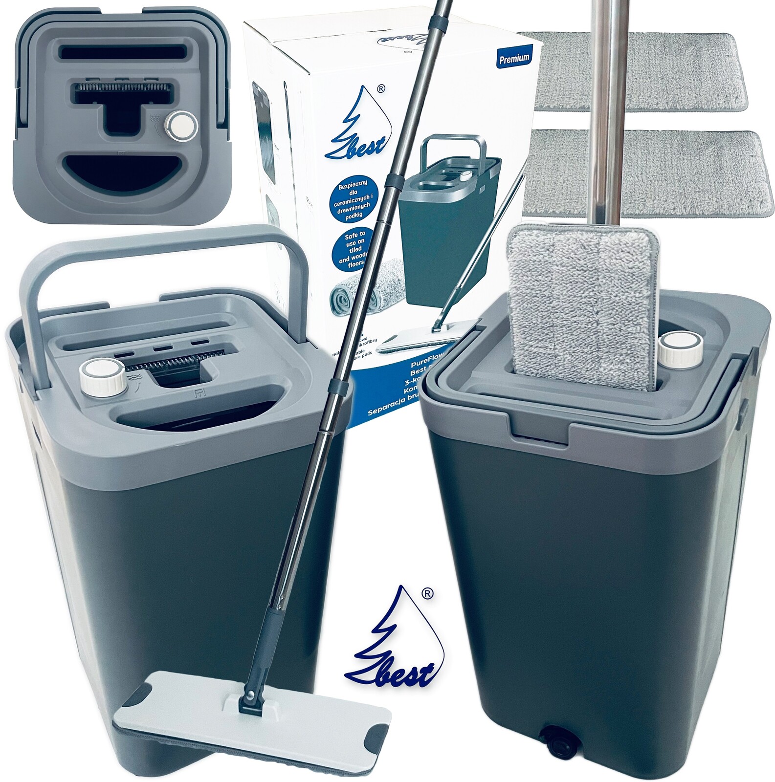 Plochý mop 3-komorový 2 náplně, kompaktní separace, čistá špinavá voda Best