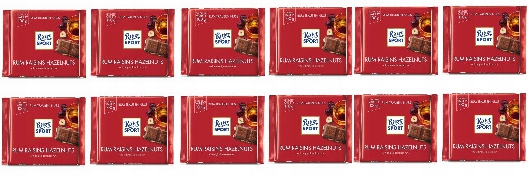 12 x 100 g Ritter Sport čokoláda Rum raisins hazelnuts Karton
