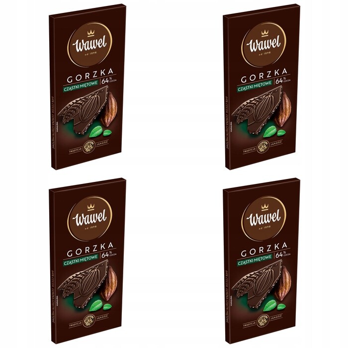 4x 90g kousky prémiové hořké Čokoláda Wawel 64% máty