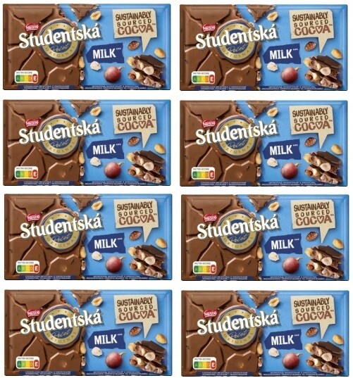 8x 170g Orion Studentská mléčná Čokoláda s ořechy, želé bonbony a rozinky Polovina Kartonu
