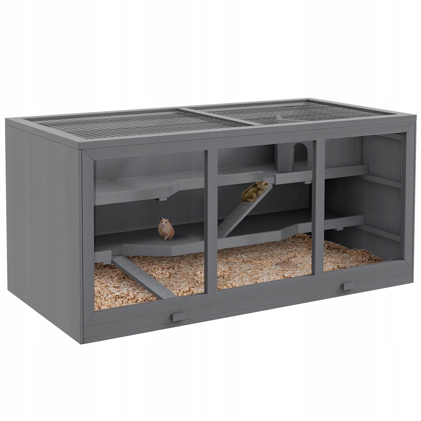Dřevěná klec pro křečka, hlodavce, myšky, prasátka, se síťkou, šedá, 115 cm