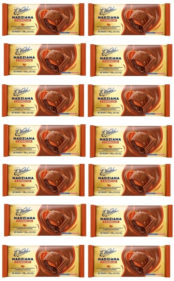 12 x 290 g E. Wedel čokoláda plněná mléčnou náplní s karamelovou náplní Karton