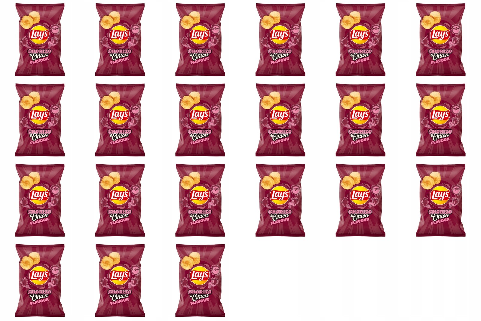 21x 130g Lay's Bramborové chipsy s chorizem a cibulí v krabičce