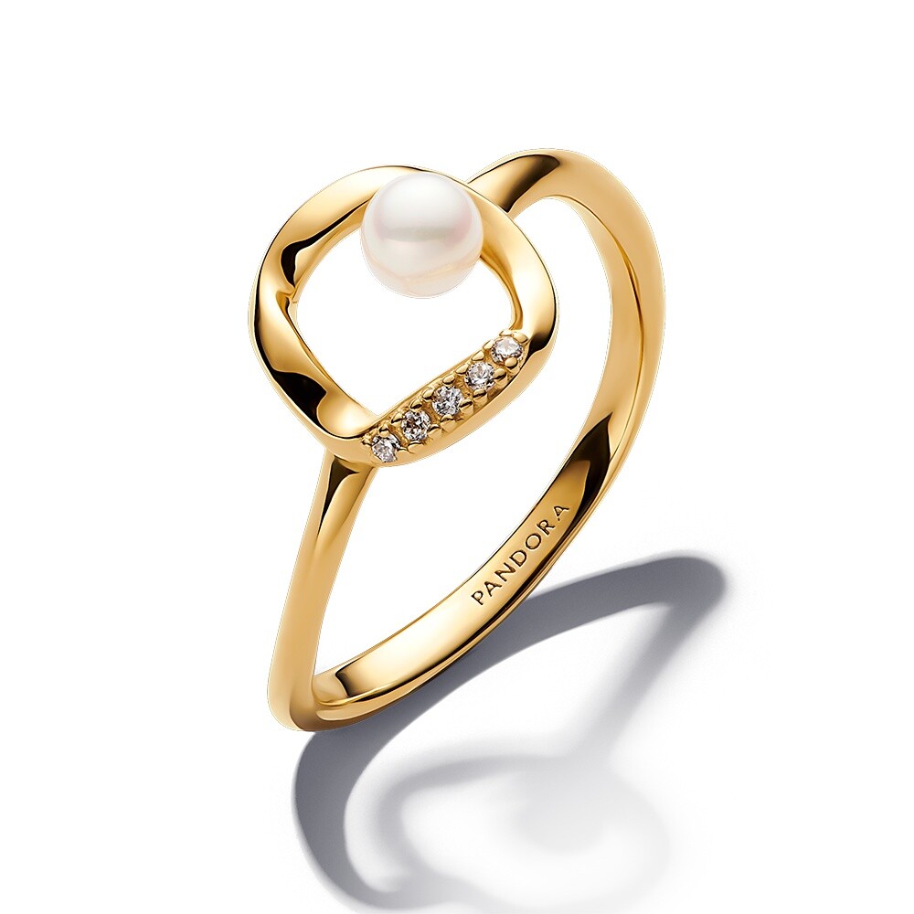 Pandora Elegantní pozlacený prsten se zirkony a perlou Essence Shine 163831C01 56 mm