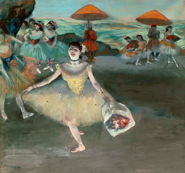 Edgar Degas Plakát, Obraz - Dancer with bouquet, curtseying, 1877, Edgar Degas, 40 × 40 cm