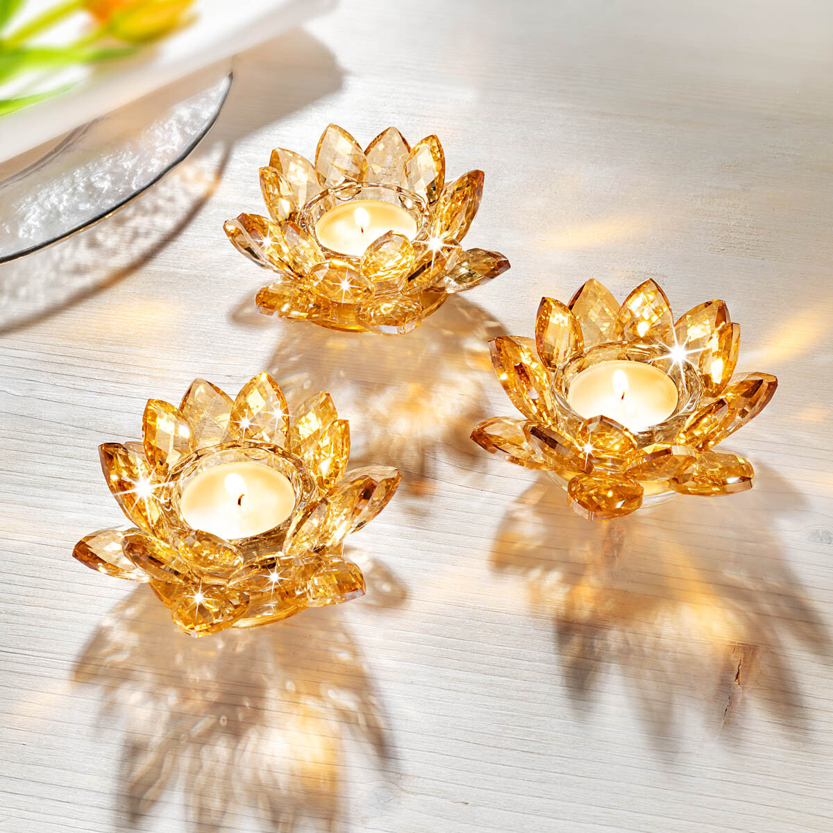 Weltbild Svícen na čajové svíčky Skleněný květ, žlutý, 3 kusy