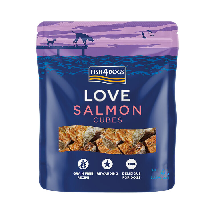 FISH4DOGS Pamlsky pro psy LOVE s lososem - kostky 85 g