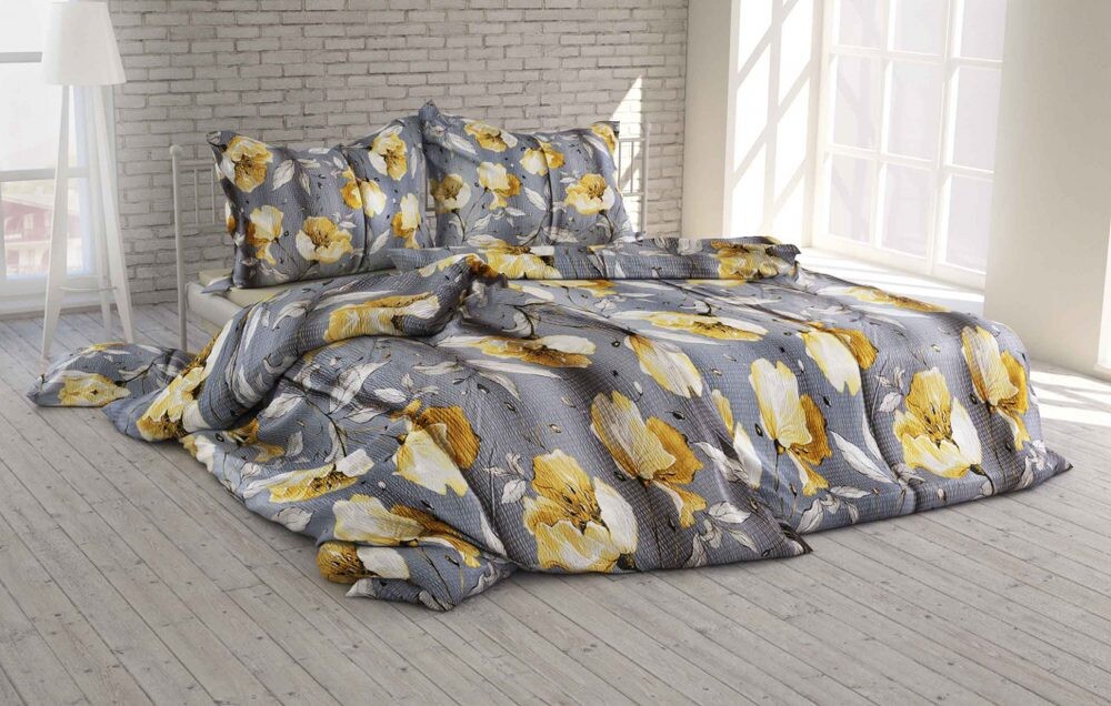 Polášek Krepové povlečení Rozkvetlá květina - Šedá / žlutá | 140 x 200 cm / 70 x 90 cm