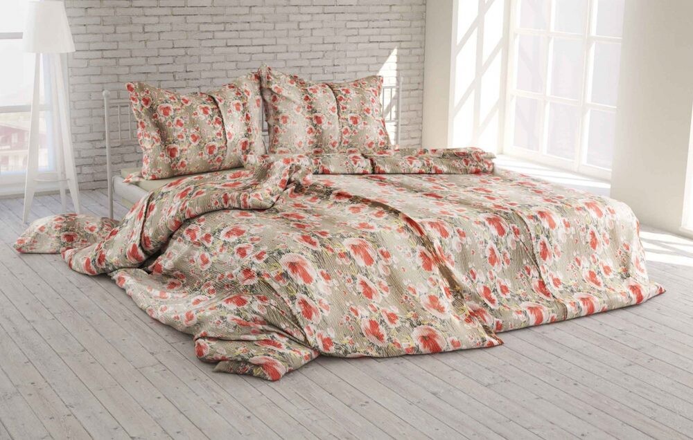 Polášek Krepové povlečení Drobné kvítí - Červená / béžová | 140 x 200 cm / 70 x 90 cm