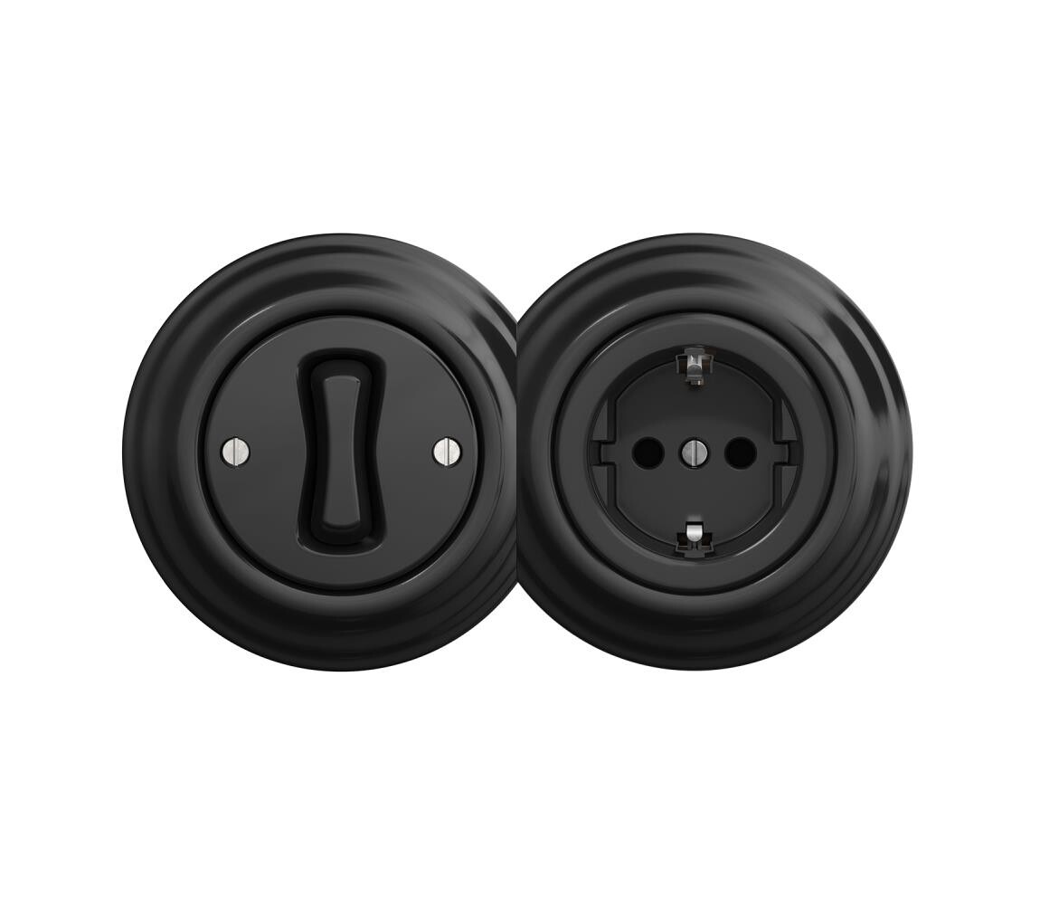 lap - Retro jednopólový vypínač č. 1 a zásuvka SCHUKO 230V s rámečkem černá 2xKA0017+KA0010+KA0107