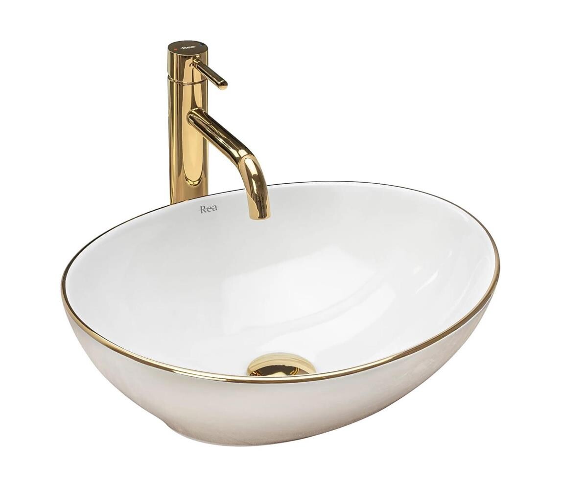 REA-U3287 - Umyvadlo na desku SOFIA 34,5x41 cm keramika/lesklá bílá/zlatá REA-U3287