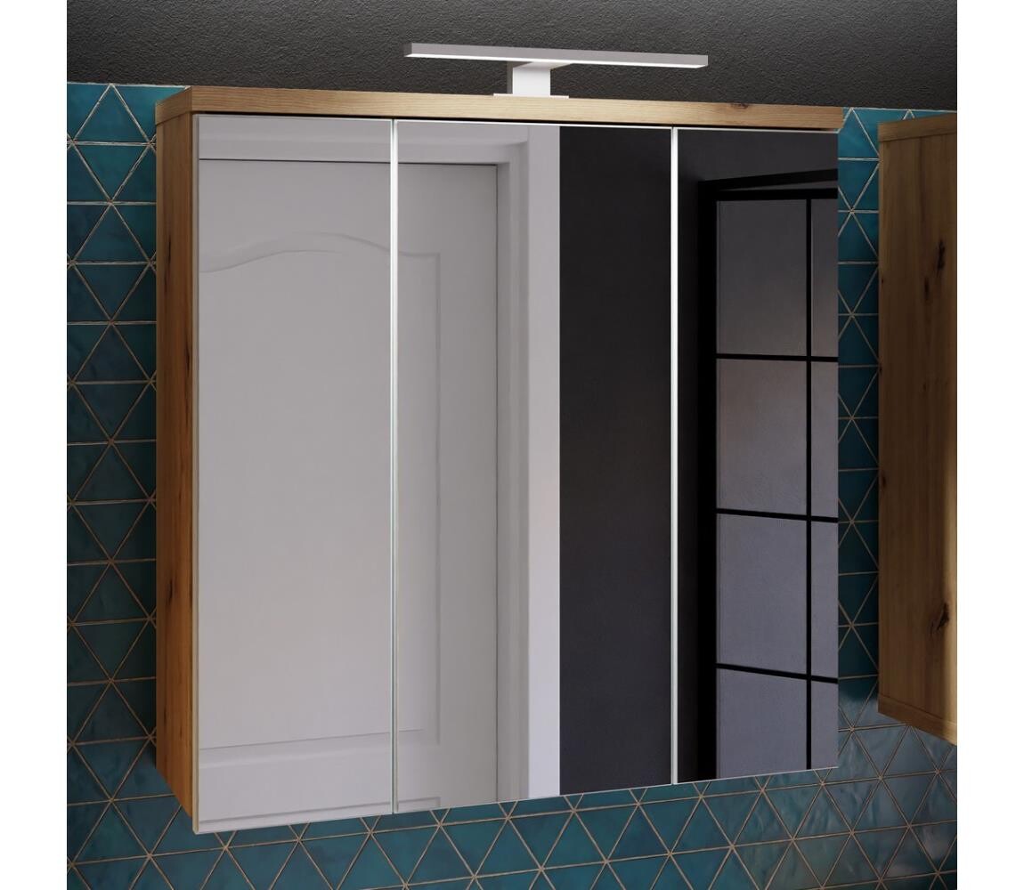 FORTE Nástěnná koupelnová skříňka se zrcadlem VENOM bílá/dub artisan VERH13NB-M823