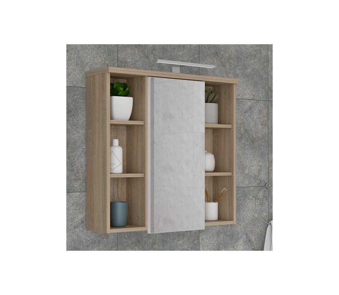 FORTE Nástěnná koupelnová skříňka se zrcadlem VENOM bílá/dub sonoma VERH11NB-Q34