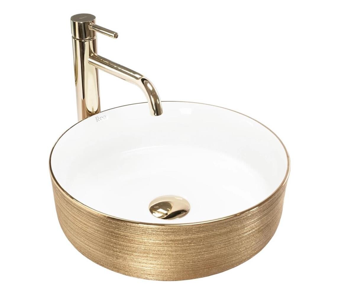 REA-U6630 - Umyvadlo na desku SAMI pr. 36 cm keramika/bílá/broušená zlatá REA-U6630