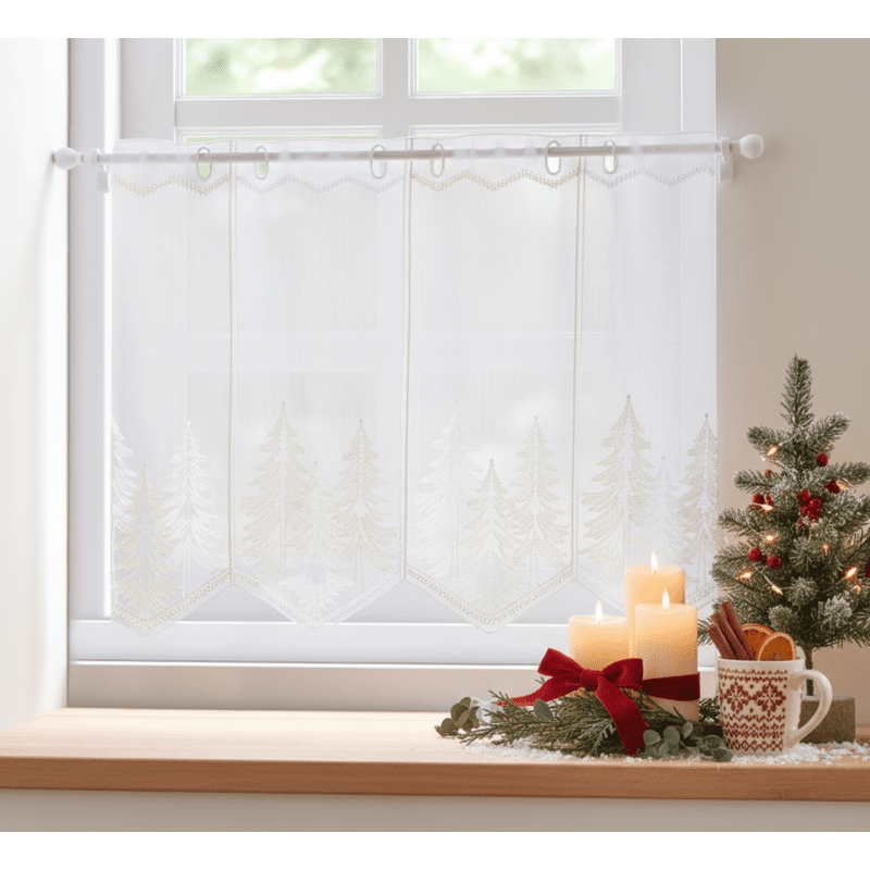 Záclona žakárová, Stromečky vyšívané, bílo-zlaté 45 cm