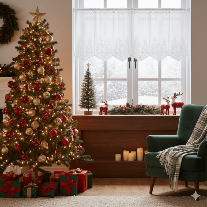 Záclona žakárová, Stromečky vyšívané, bílo-stříbrné 45 cm