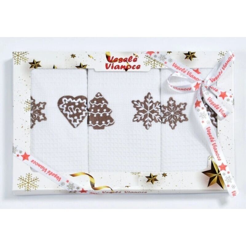 Bavlněné utěrky Vánoční Dárkové balení, Věnec a hvězdy, sada 3 ks, 50 x 70 cm