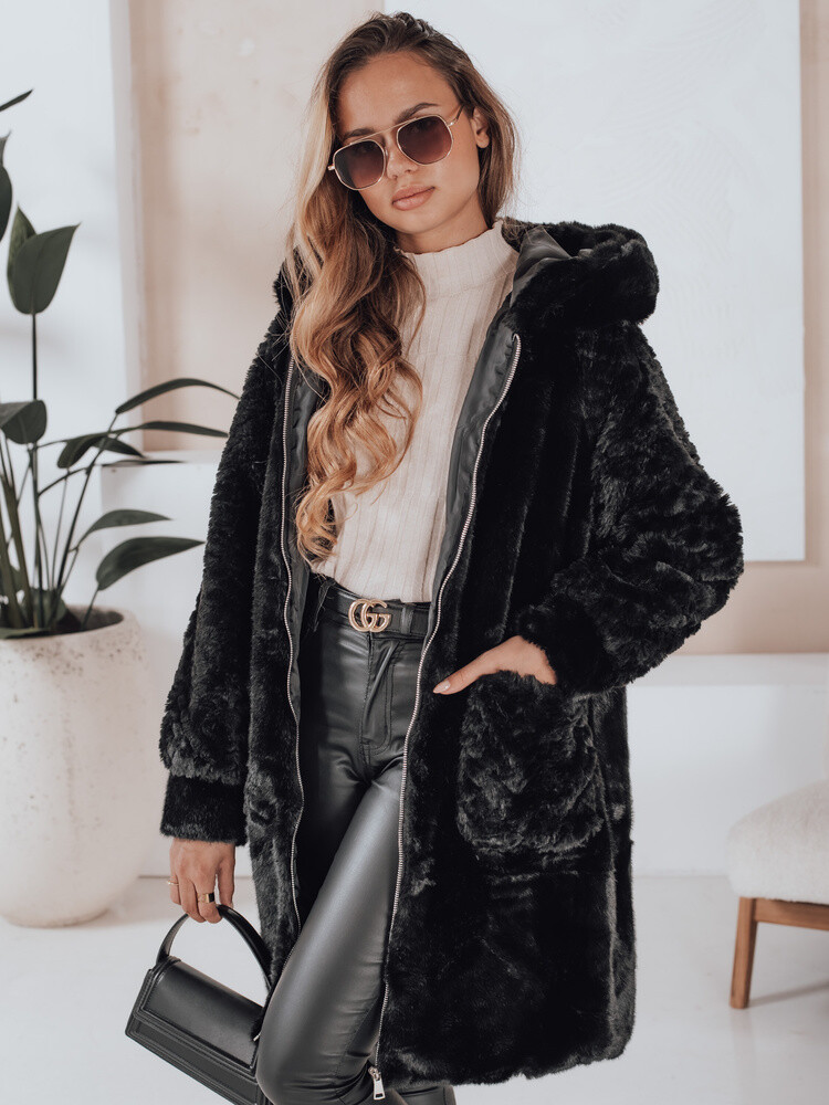 Płaszcz damski futerkowy MISSFLUFF czarny Dstreet