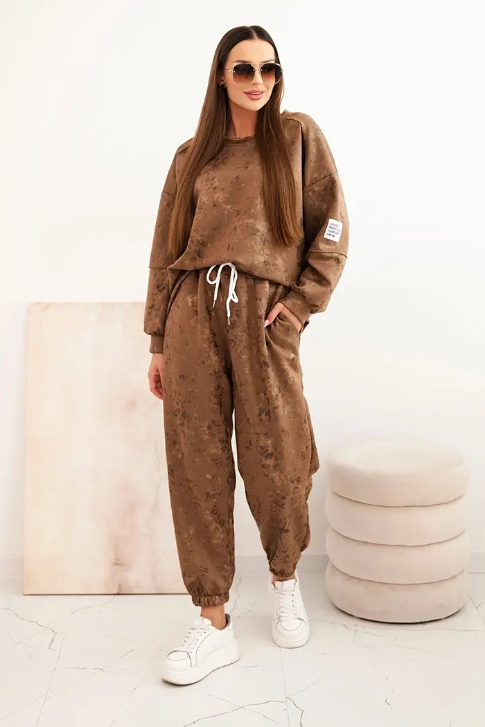 Kesi Włoski Dámská oversize souprava z viskózy s prodlouženou mikinou a efektem praní camelový