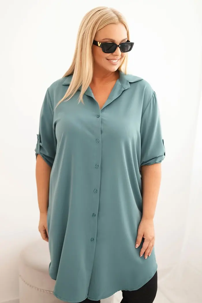 Kesi Włoski Dámská košilová šaty Plus Size s delším zadním dílem a ohrnovacími rukávy tmavě mátová