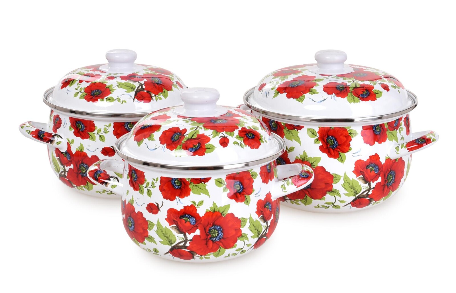 RUSTICAL | 6dílná sada smaltovaných silnostěnných hrnců s poklicemi | makové květy