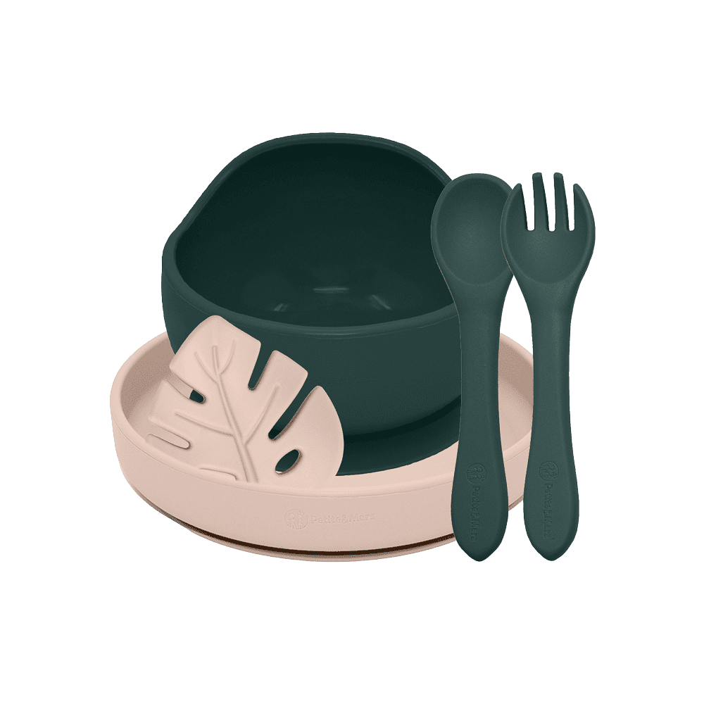 PETITE&MARS Set jídelní silikonový TAKE&MATCH, Misty Green - Desert Sand 6m+, 4 ks